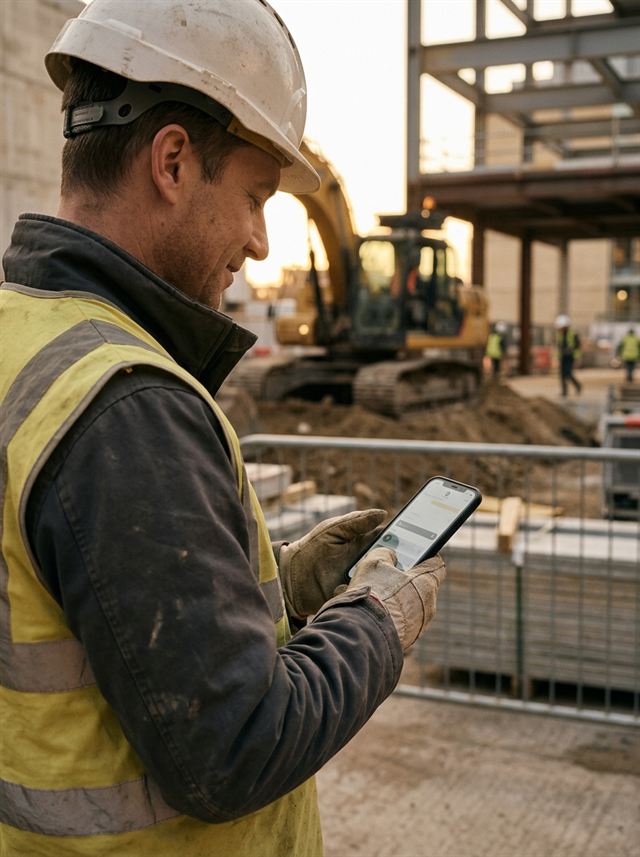 Bauarbeiter mit Schutzhelm und Warnweste bedient auf der Baustelle sein Telefon